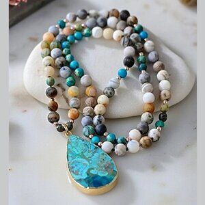 Boho Ocean Jasper Mala Necklace • Beaded Gemstone Yoga Meditation Jewelry